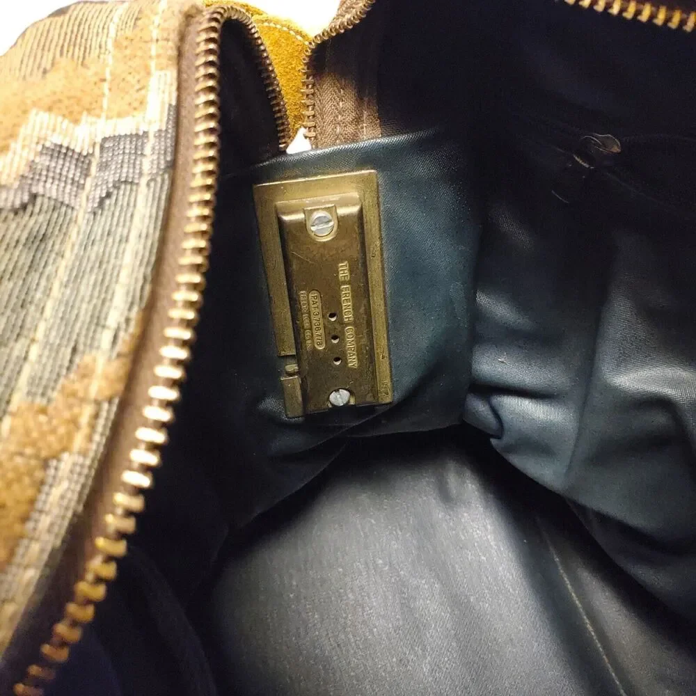 Vintage NEIMAN MARCUS Travel Bag Brown Suede Tapestry Geometric Oversize Padlock